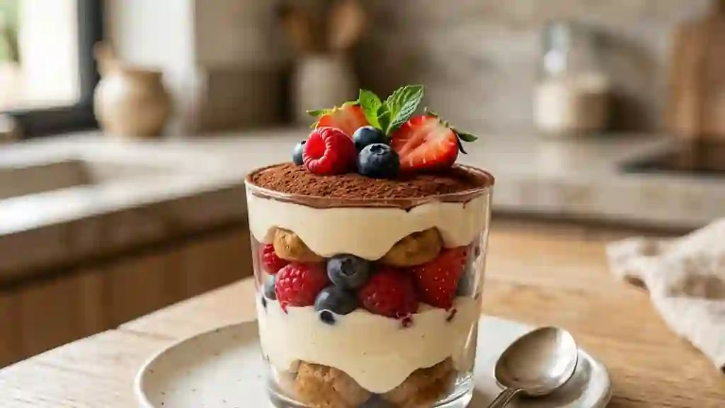 Tiramisu fondant aux fruits rouges et cacao - Photo de présentation