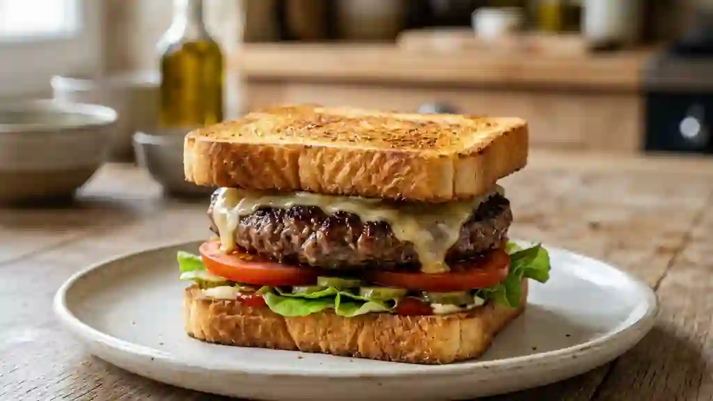 Toast-burger croustillant au bœuf et cheddar - Photo de présentation