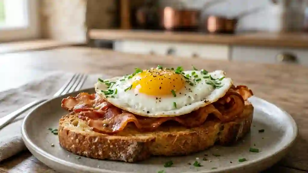 Toast au bacon croustillant et œuf coulant - Photo de présentation