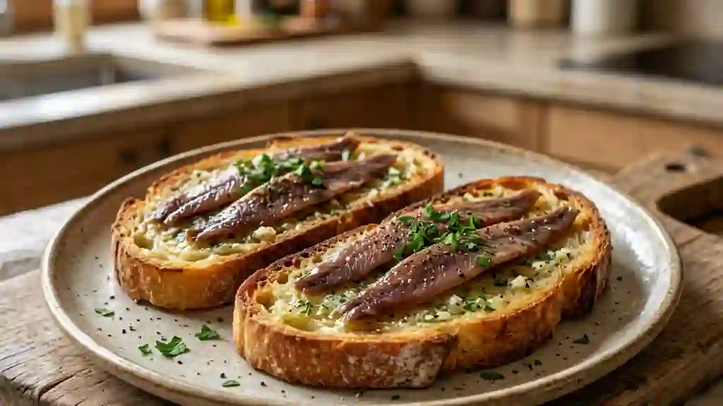 Tartines d'anchois au beurre d'ail croustillantes - Photo de présentation