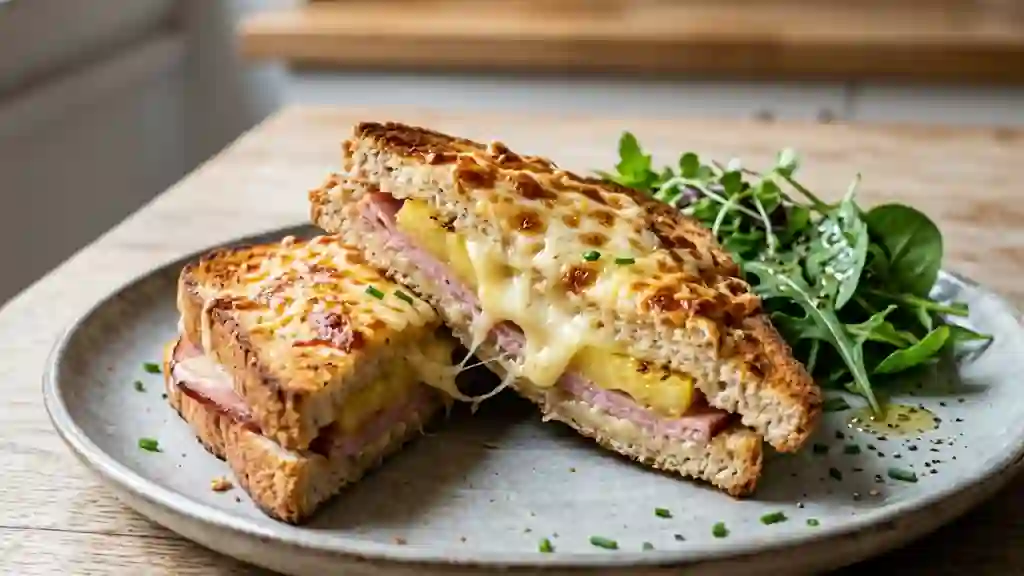 Toast hawaiien croustillant jambon-ananas - Photo de présentation