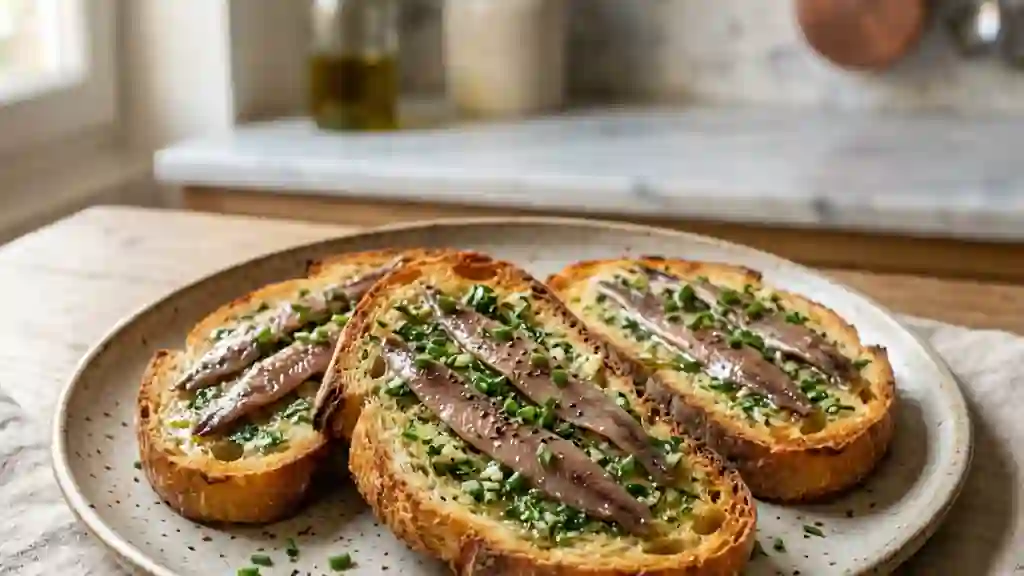 Toasts croustillants au beurre d'herbes et anchois - Photo de présentation