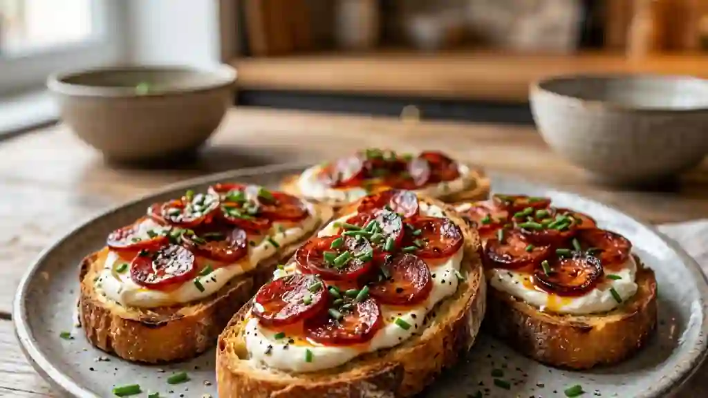 Toasts chorizo et petit-suisse fondants - Photo de présentation