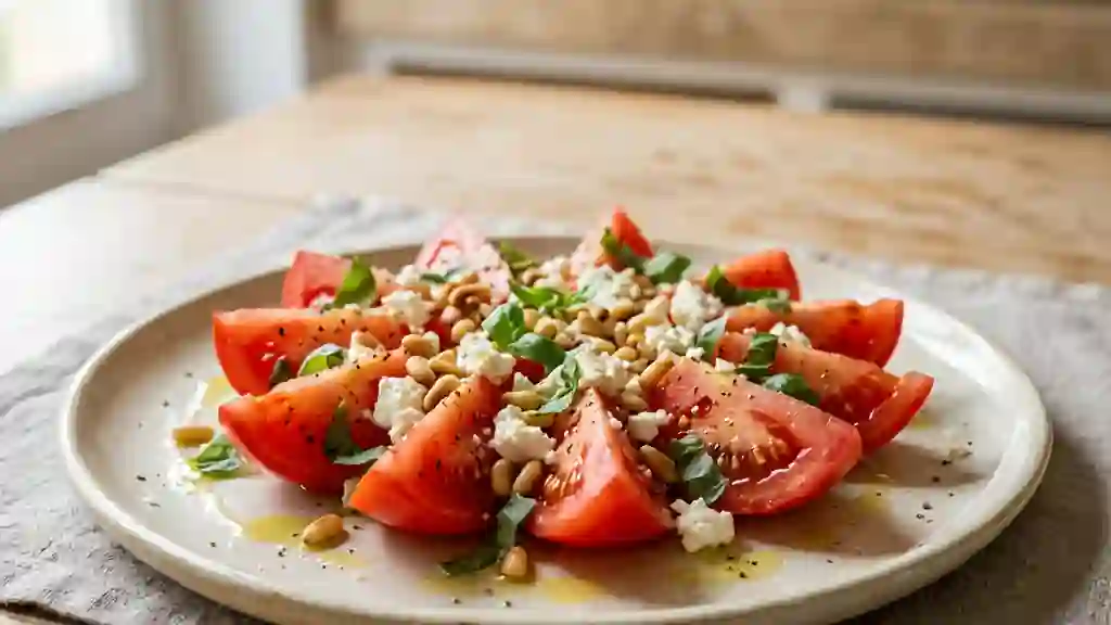 Tomates fondantes, feta crémeuse et pignons grillés - Photo de présentation