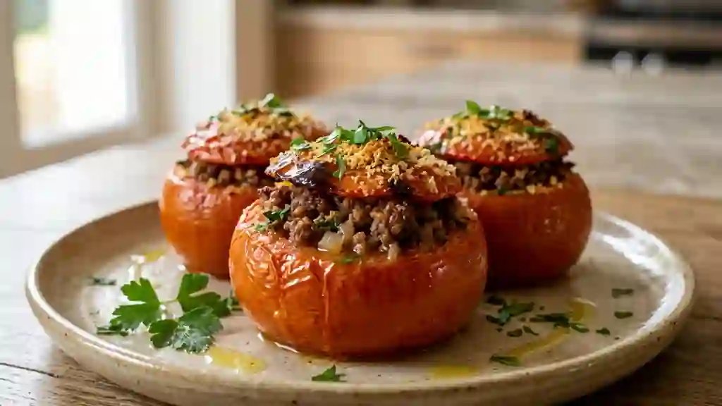 Tomates farcies au bœuf, cœur fondant et juteux - Photo de présentation