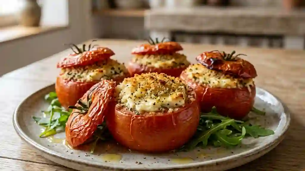 Tomates rôties au chèvre frais et chapelure - Photo de présentation
