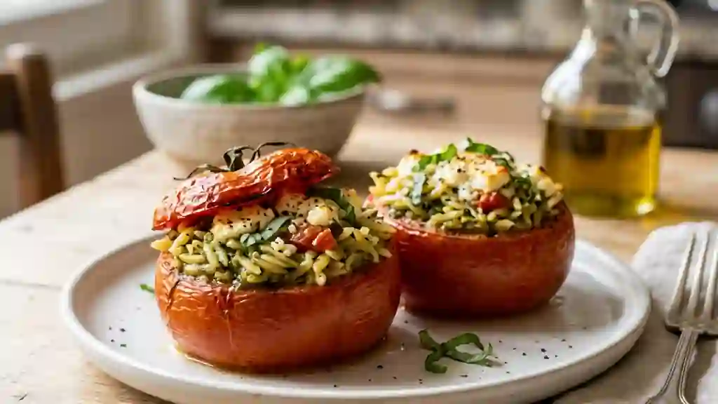Tomates à l'orzo fondant et pesto basilic - Photo de présentation