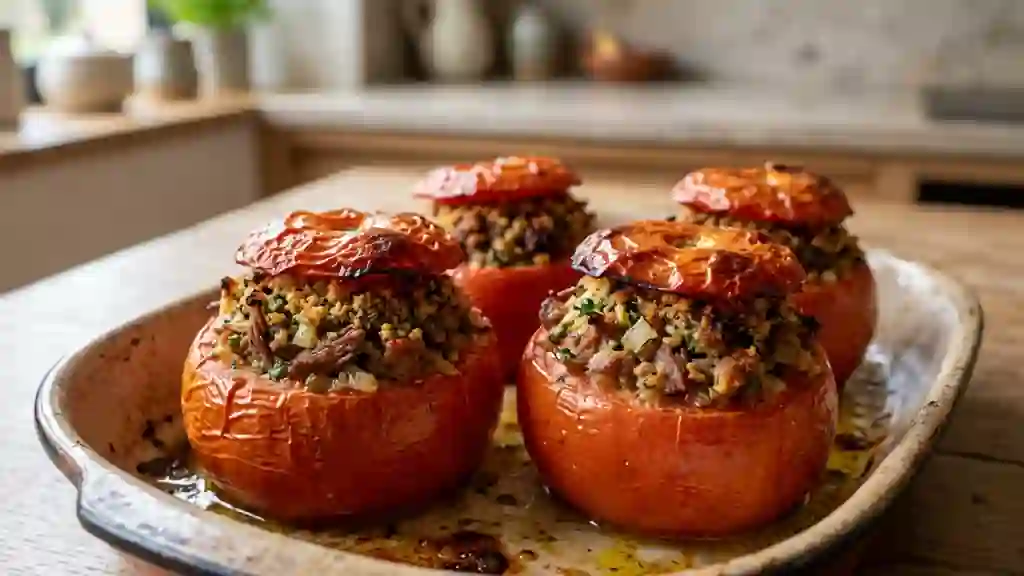 Tomates farcies au bœuf braisé et chair fine - Photo de présentation