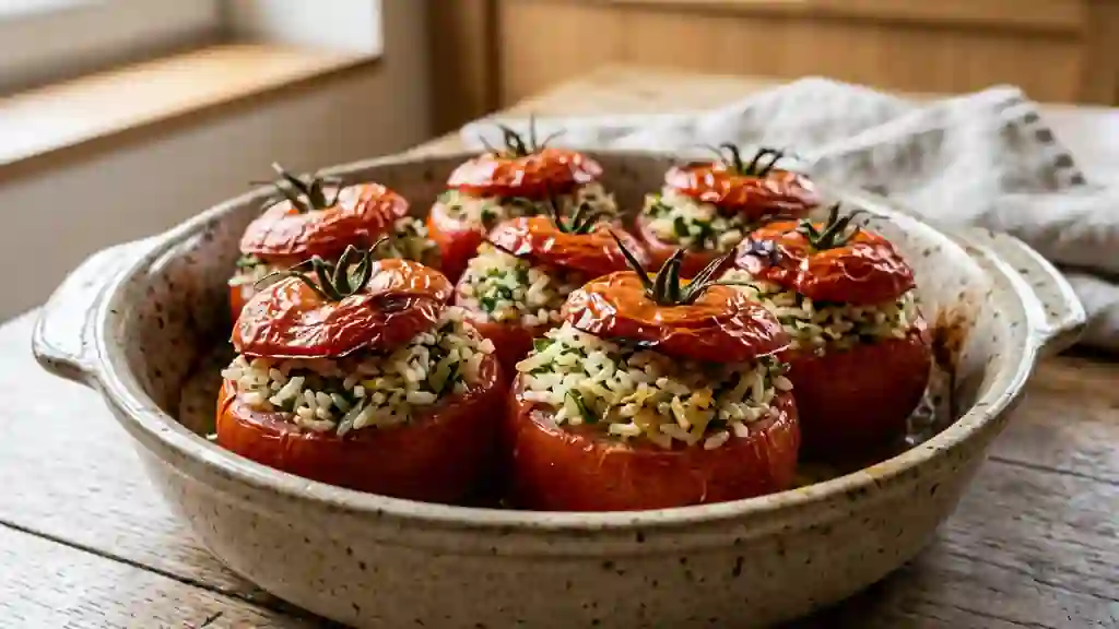 Tomates juteuses farcies au riz et fines herbes - Photo de présentation