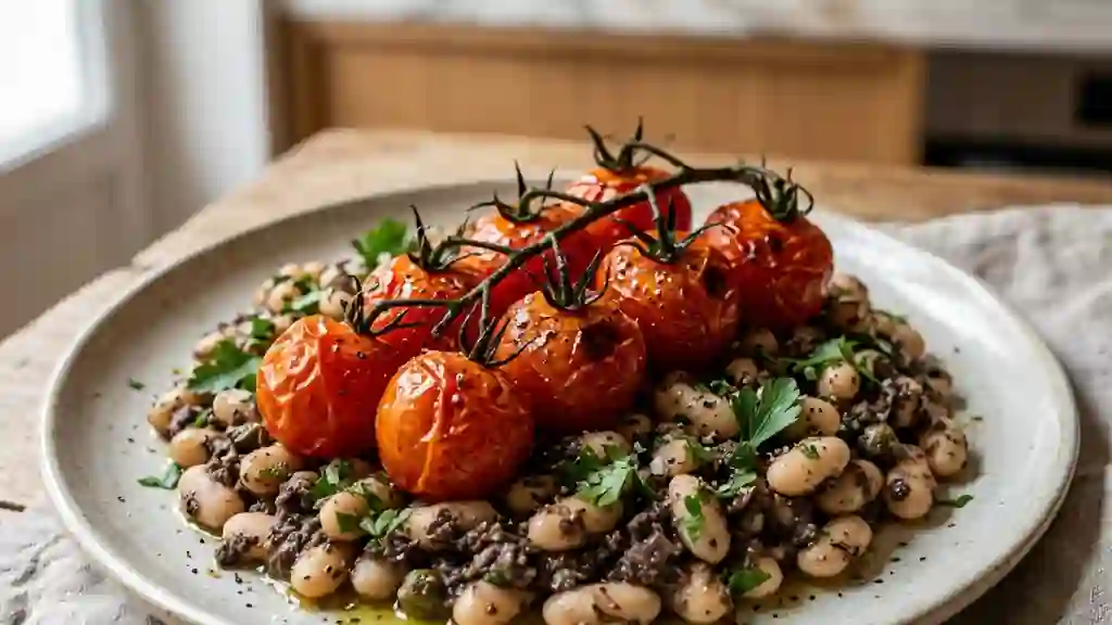 Tomates rôties fondantes, haricots et tapenade - Photo de présentation