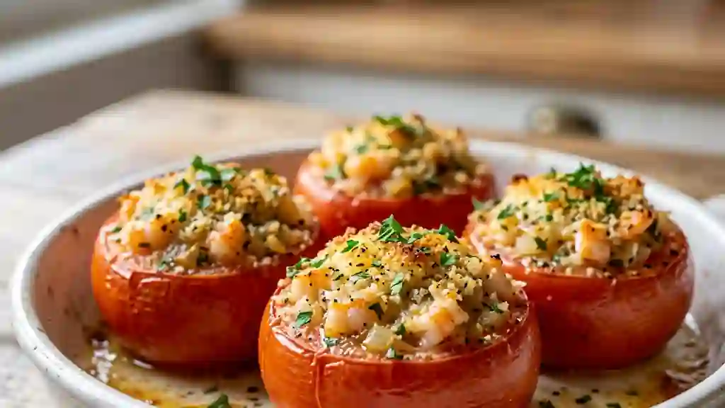 Tomates rôties aux crevettes et ail fondant - Photo de présentation