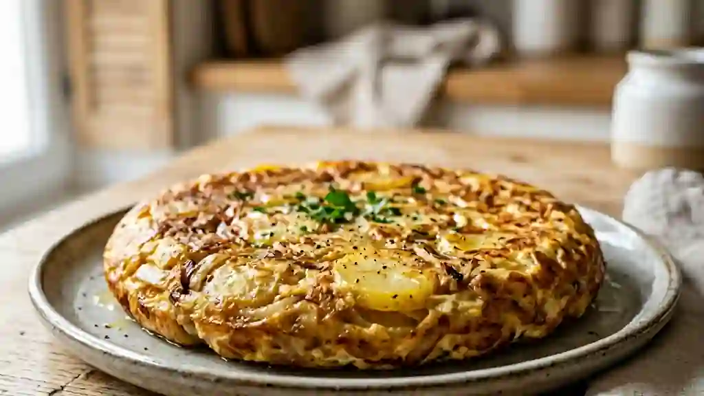Tortilla de patatas fondante et dorée - Photo de présentation