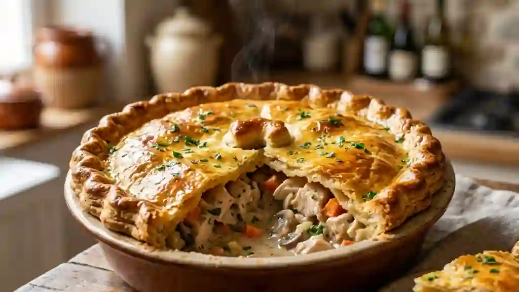 Pie au poulet crémeuse et croûte dorée - Photo de présentation