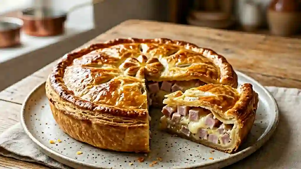 Tourte dorée au jambon et chèvre fondant - Photo de présentation
