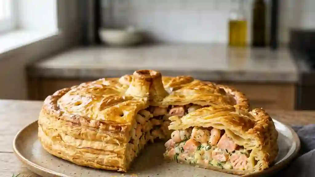 Tourte fondante au saumon, crevettes et aneth - Photo de présentation