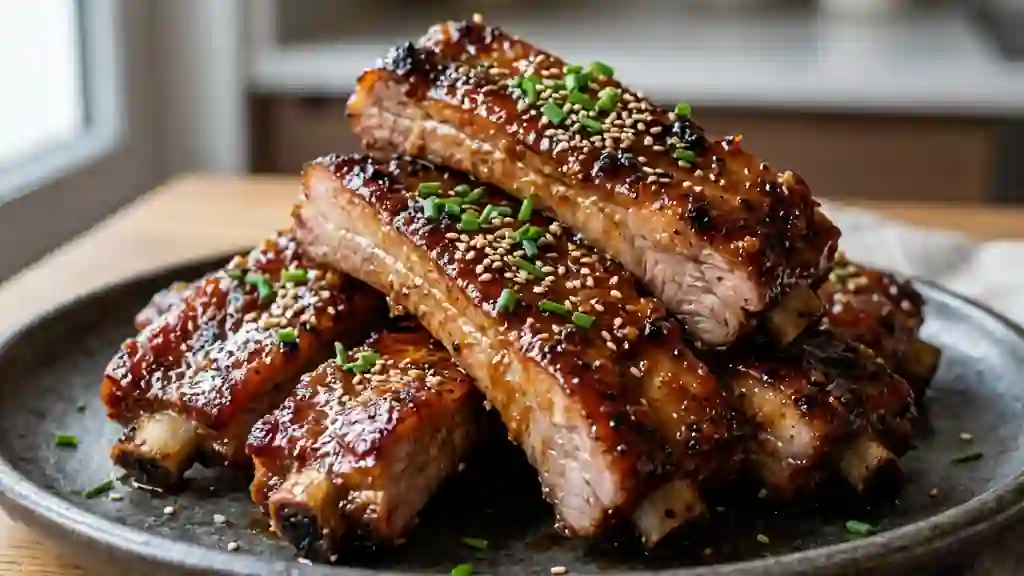 Travers de porc laqués au miel et soja - Photo de présentation