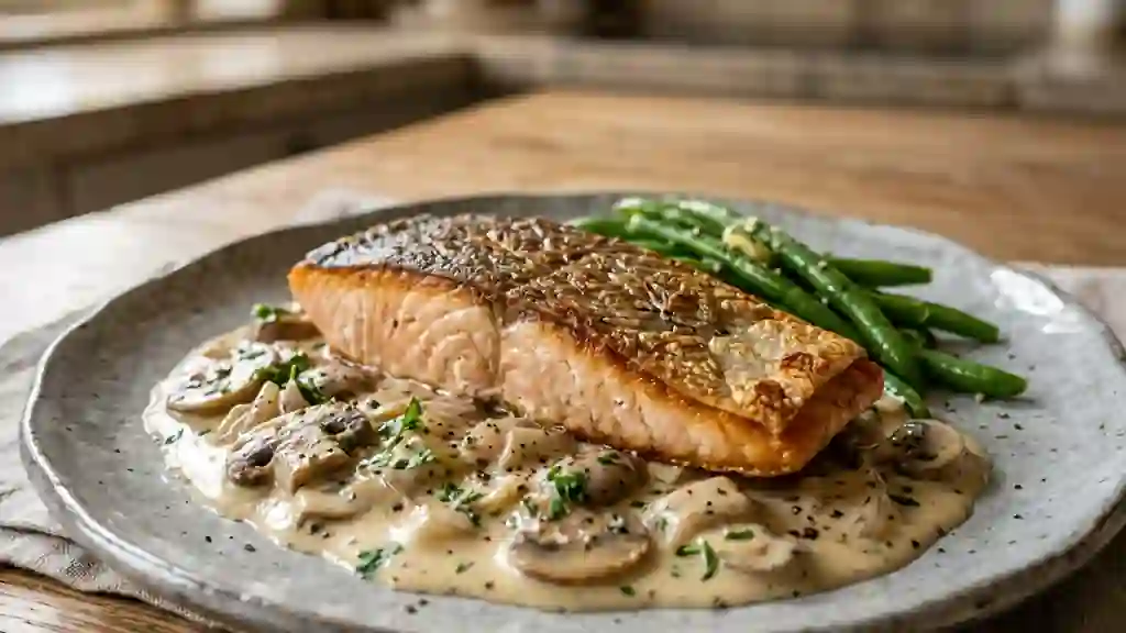 Filet de truite croustillant, crème aux champignons - Photo de présentation