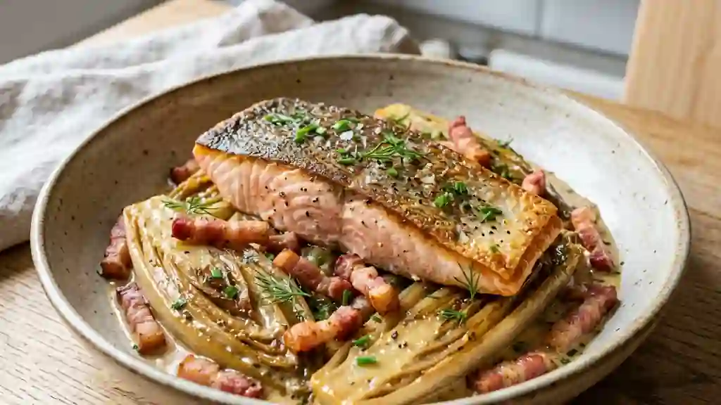 Truite nacrée, endives braisées et lard fumé - Photo de présentation