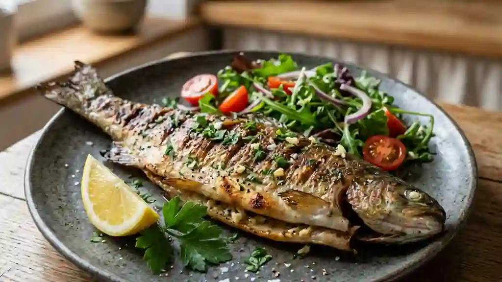 Truite grillée au feu de bois, ail et persil - Photo de présentation