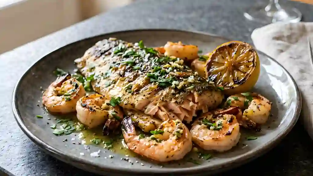 Truite grillée citronnée et crevettes - Photo de présentation
