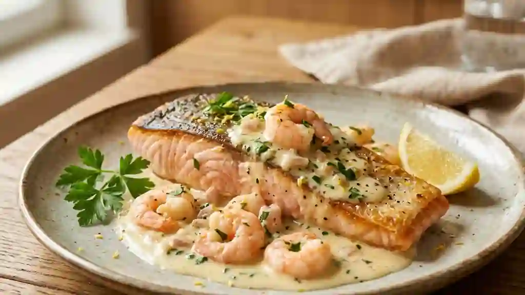 Truite rôtie, crème citronnée et crevettes - Photo de présentation