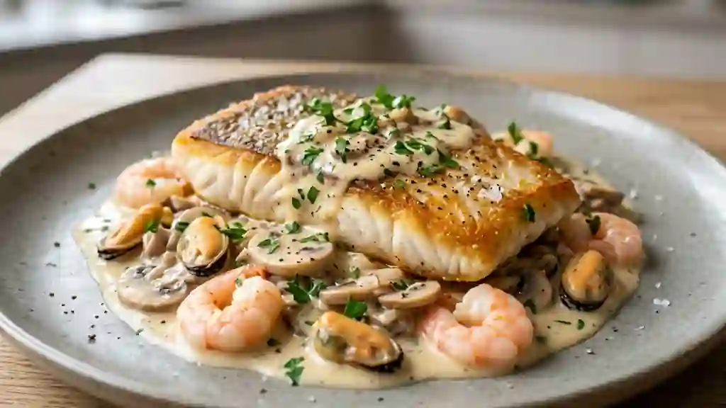 Turbot Fondant, Sauce Crème et Fruits de Mer - Photo de présentation