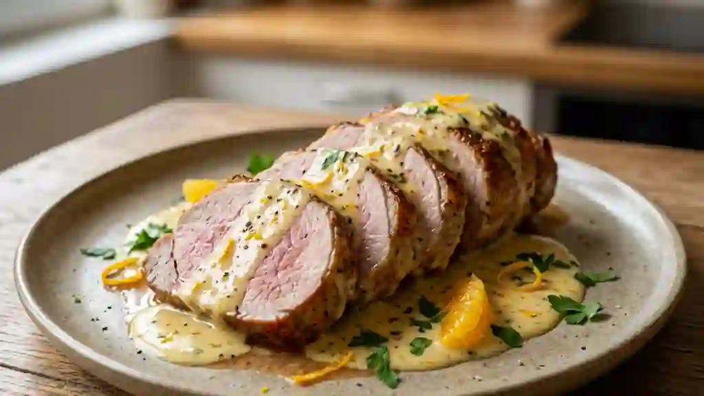 Veau rôti juteux, crème moutarde et agrumes - Photo de présentation