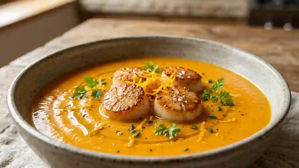 Velouté carotte orange et pétoncles dorés - Photo de présentation