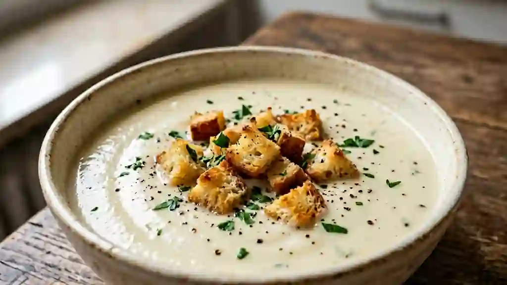 Velouté de chou-fleur soyeux et croûtons à l'ail - Photo de présentation