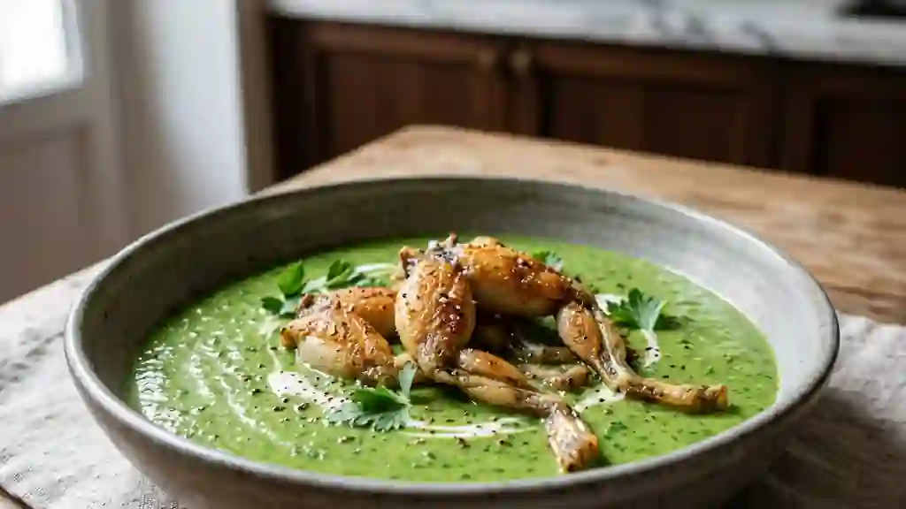 Velouté de persil intense et grenouilles dorées - Photo de présentation