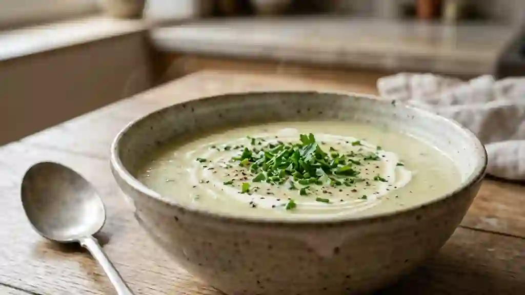 Velouté de poireau soyeux aux herbes fraîches - Photo de présentation