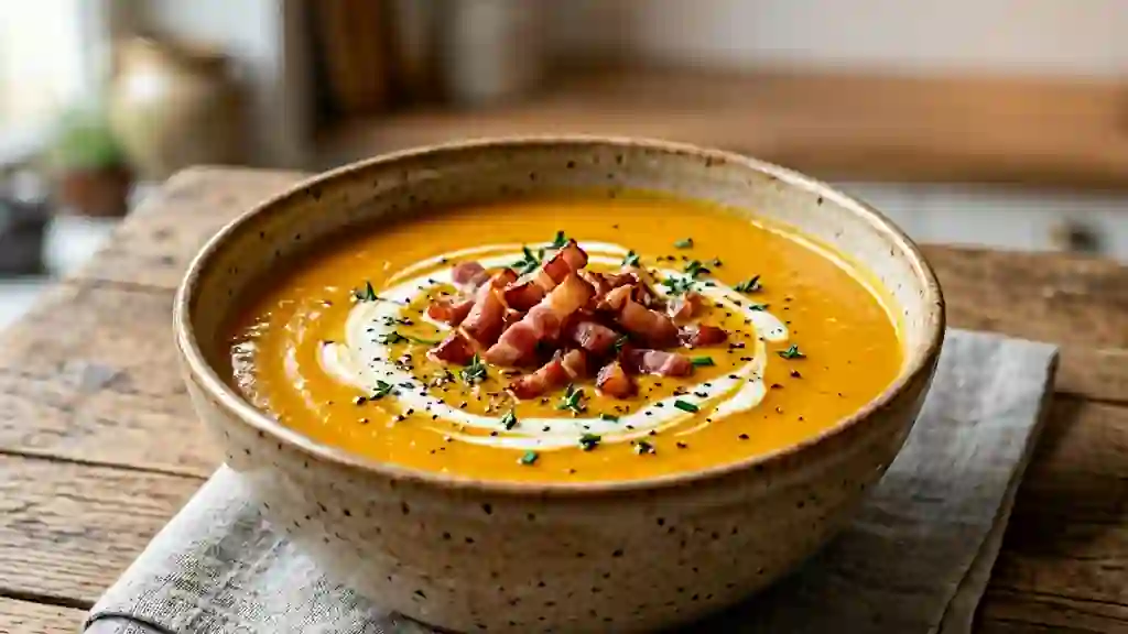 Velouté onctueux de potiron et jambon grillé - Photo de présentation