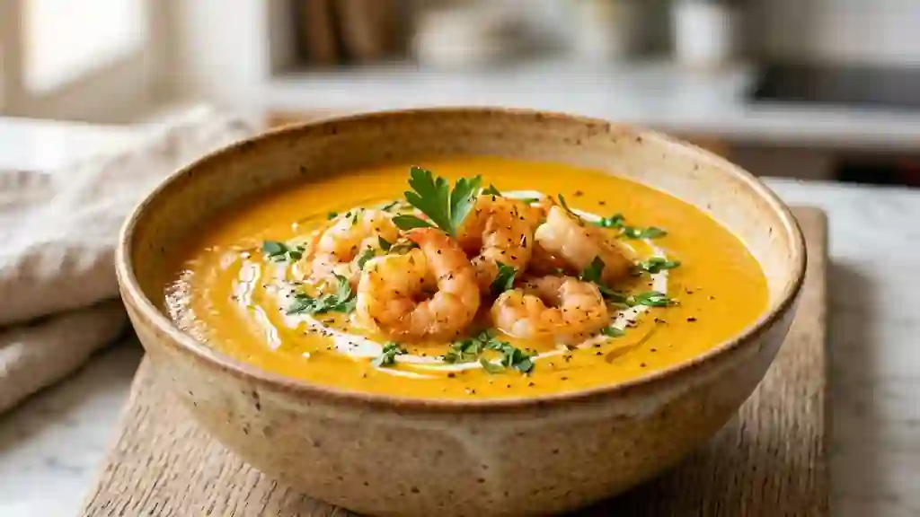Velouté de potiron onctueux aux crevettes sautées - Photo de présentation