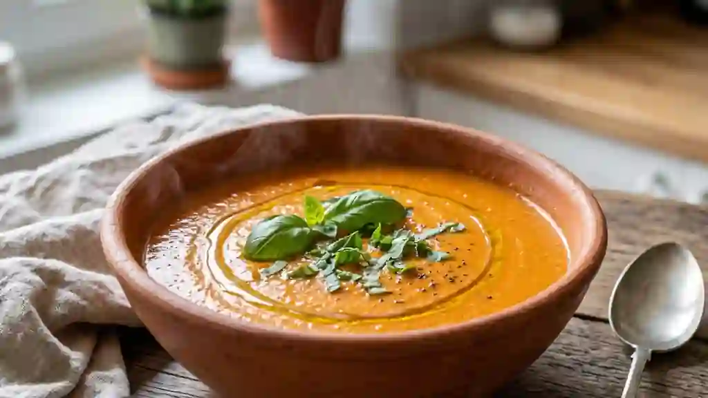 Velouté crémeux tomate, poivron et basilic - Photo de présentation