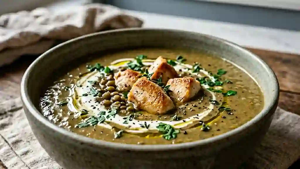 Velouté onctueux de lentilles et poulet doré - Photo de présentation