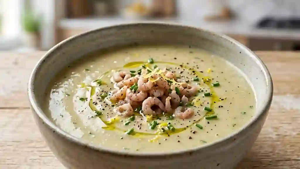 Velouté d'endives soyeux aux crevettes grises - Photo de présentation