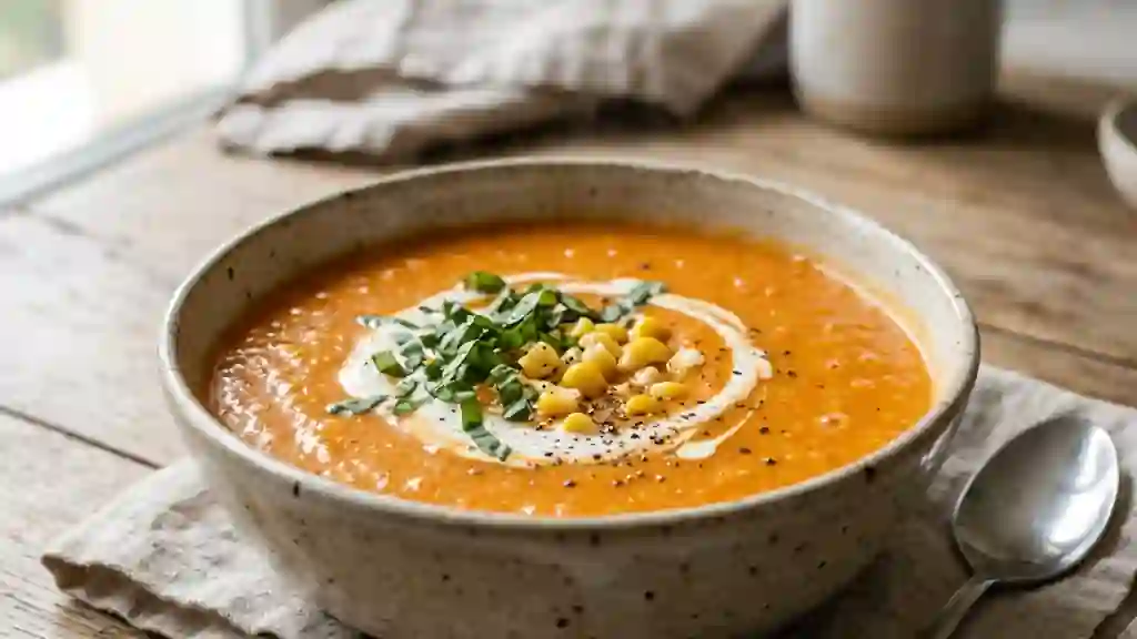 Velouté onctueux maïs et tomate au basilic - Photo de présentation