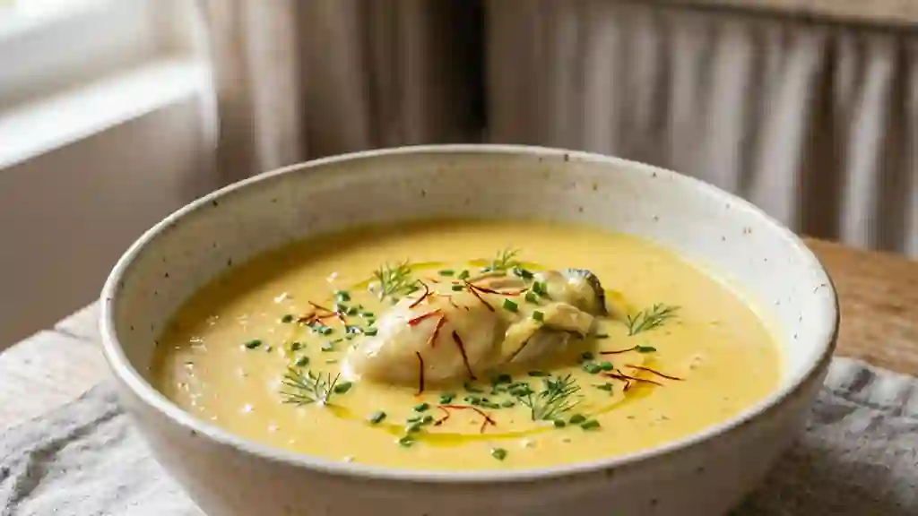 Velouté iodé aux huîtres, poireaux et safran - Photo de présentation