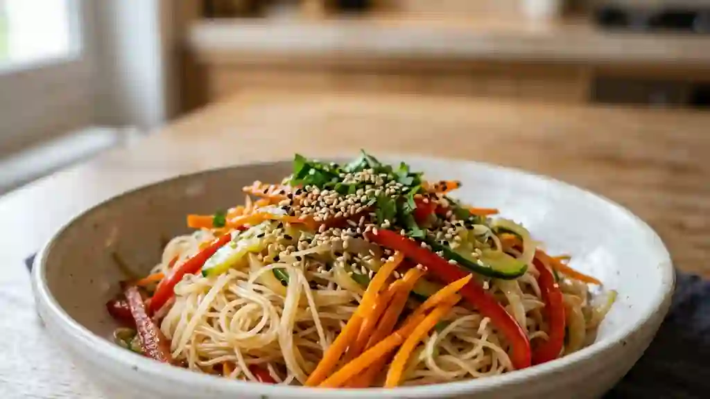 Wok de vermicelles de riz aux légumes croquants - Photo de présentation
