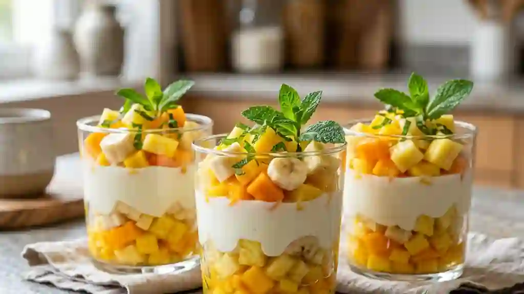 Verrines de fruits exotiques au miel et menthe - Photo de présentation