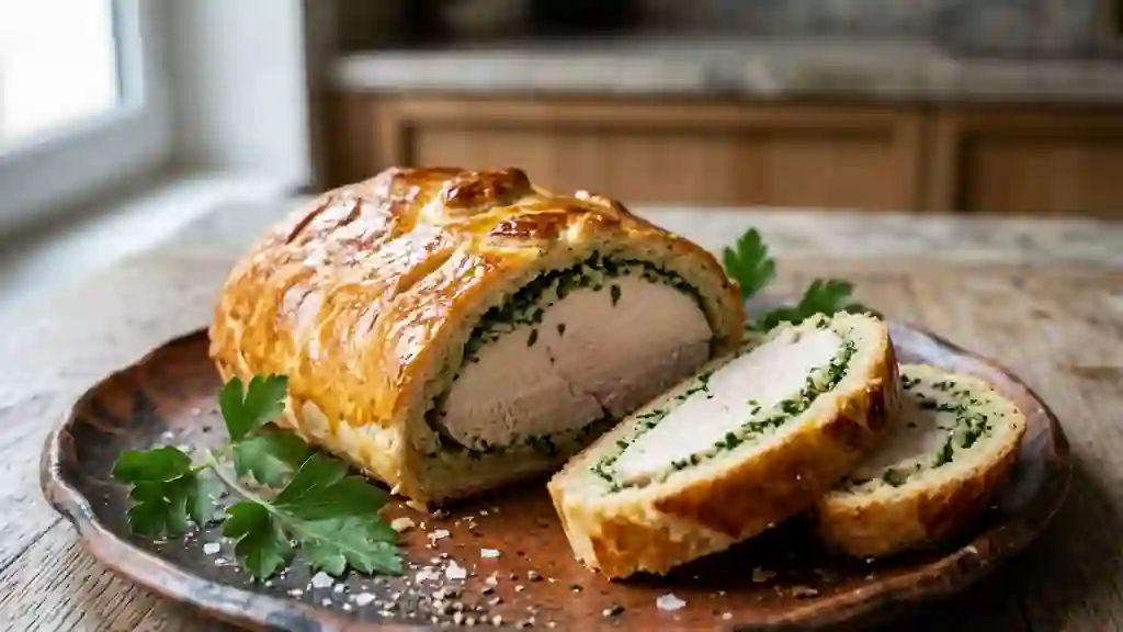 Volaille rôtie en croûte de pain aillée - Photo de présentation