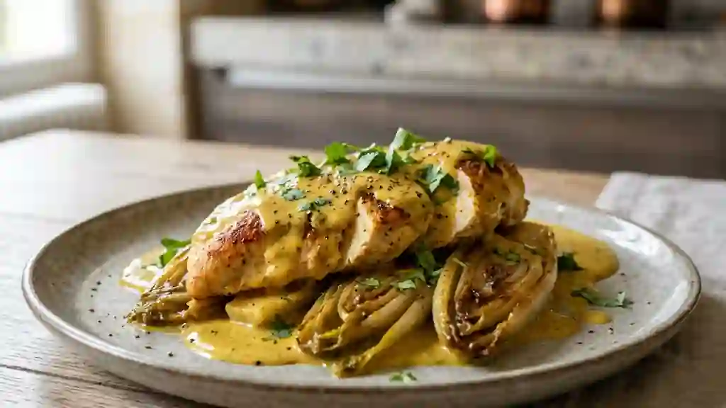 Poulet crémeux au curry et endives braisées - Photo de présentation