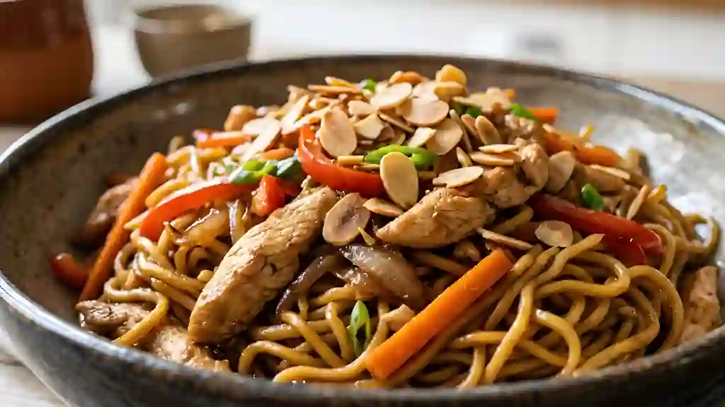 Wok de nouilles au poulet et amandes craquantes - Photo de présentation