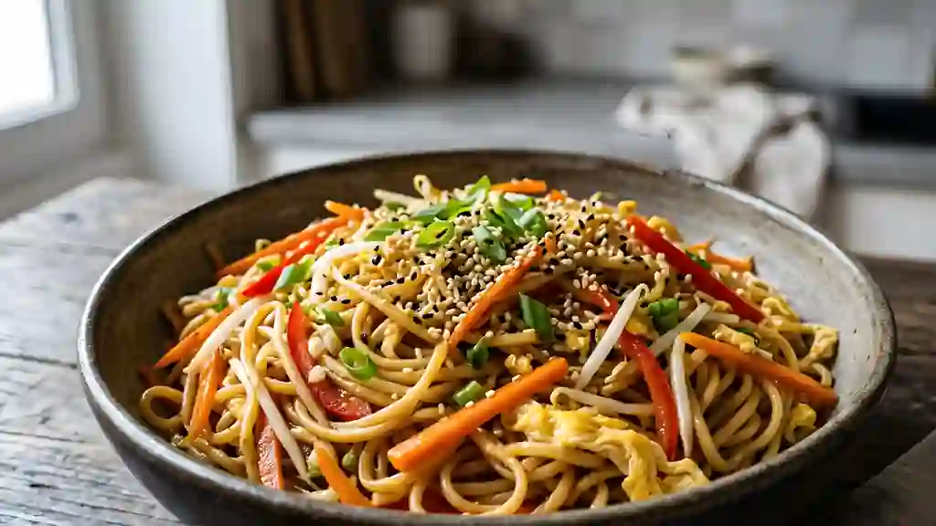 Wok de nouilles au sésame et légumes croquants - Photo de présentation