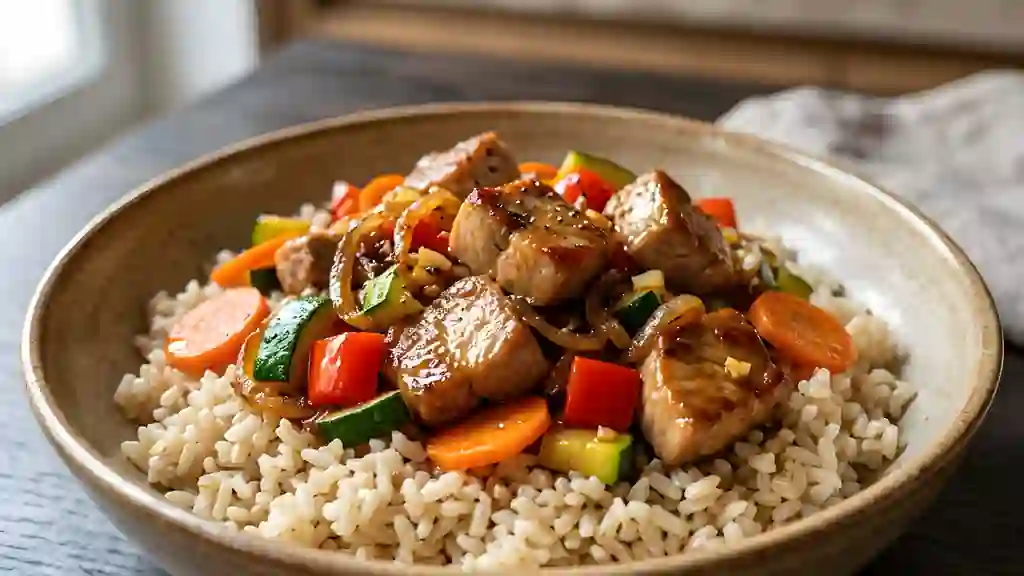 Wok de porc caramélisé et riz brun - Photo de présentation