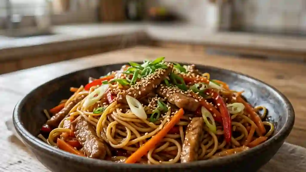 Wok de porc caramélisé et nouilles croquantes - Photo de présentation