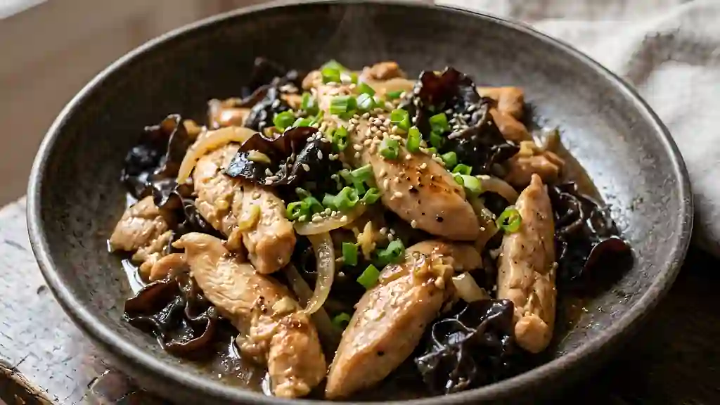 Wok de poulet tendre aux champignons noirs - Photo de présentation