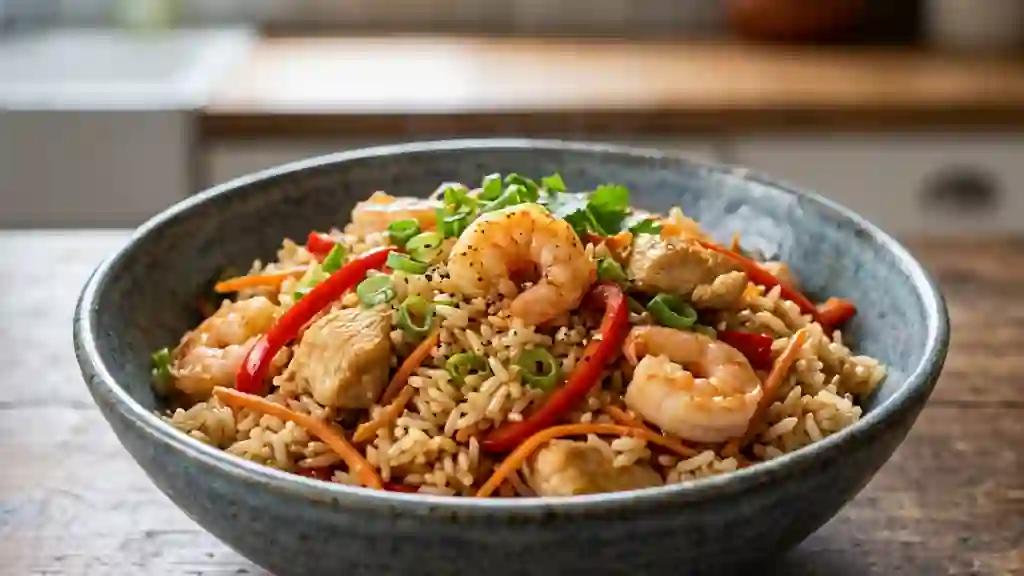 Wok de riz sauté poulet et crevettes - Photo de présentation