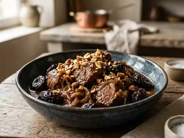 Agneau fondant aux pruneaux et amandes grillées, un plat mijoté savoureux - Photo de présentation