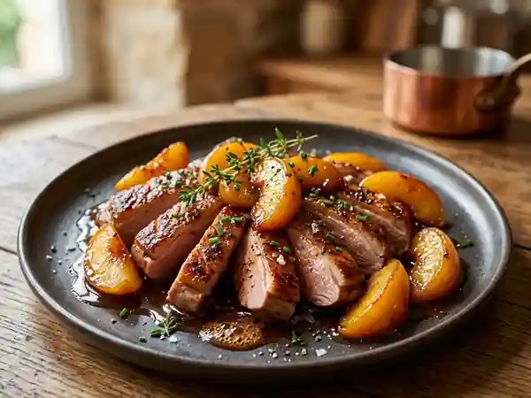 Aiguillettes de canard aux pêches caramélisées : recette gourmande et facile - Photo de présentation